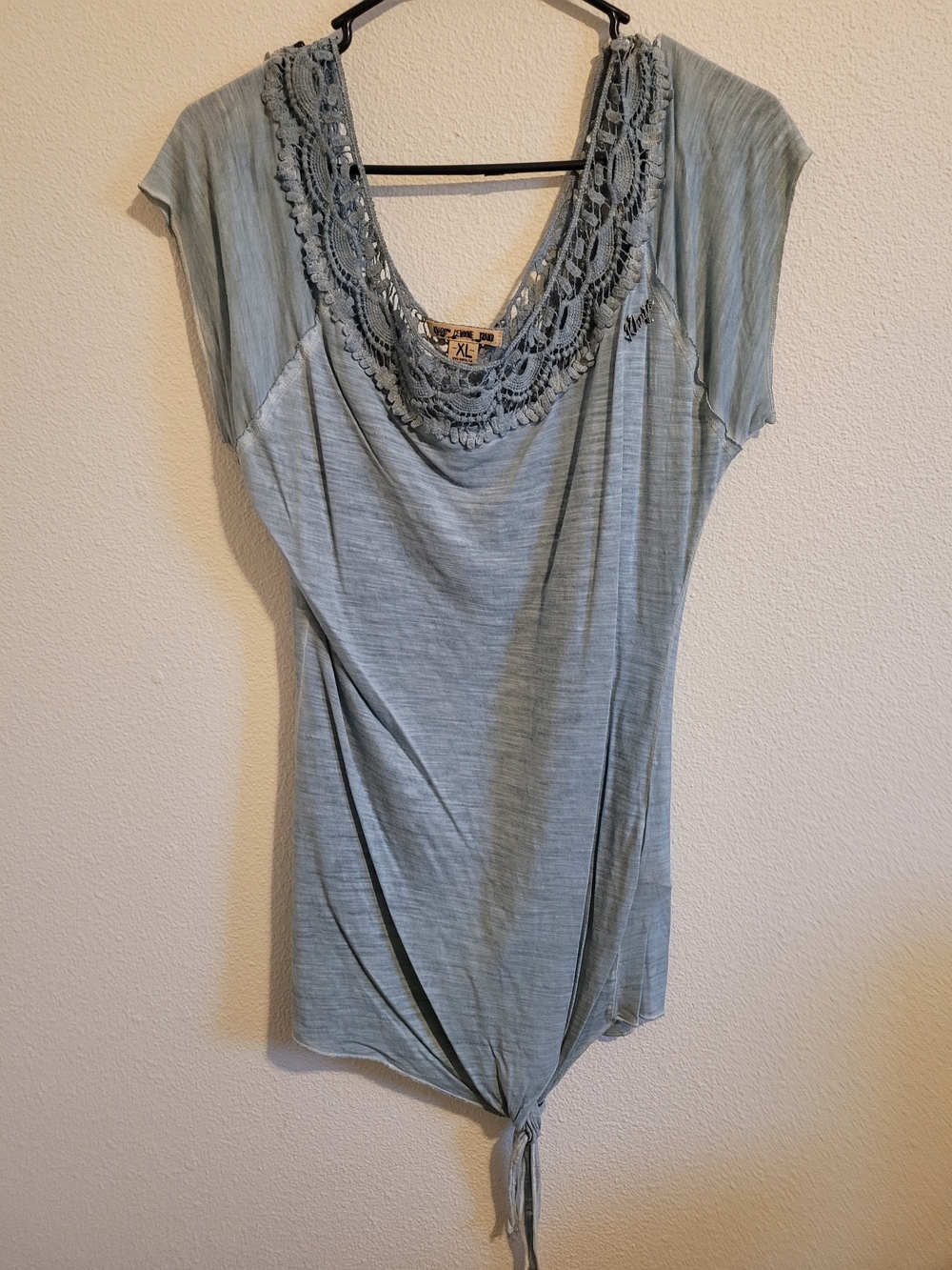 Crochet-Trim Light Blue Tie-Hem Short Sleeve Top #366